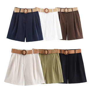 Pleated Casual Shorts with Woven Belt