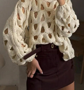 Open-Knit Balloon Sleeve Sweater