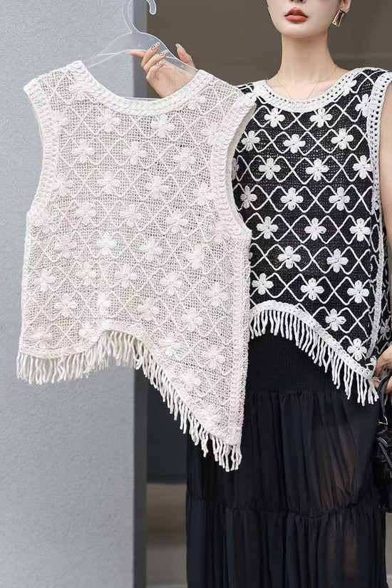 Floral Pattern Asymmetric Fringe Vest