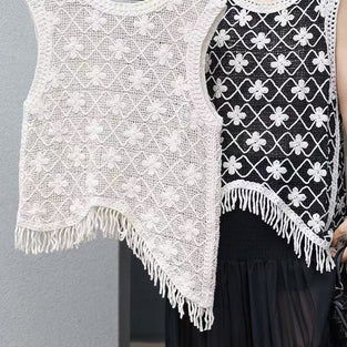 Floral Pattern Asymmetric Fringe Vest