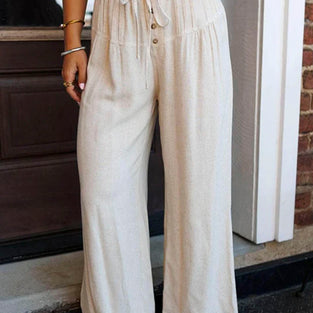 Button Detail Drawstring Wide Leg Pants
