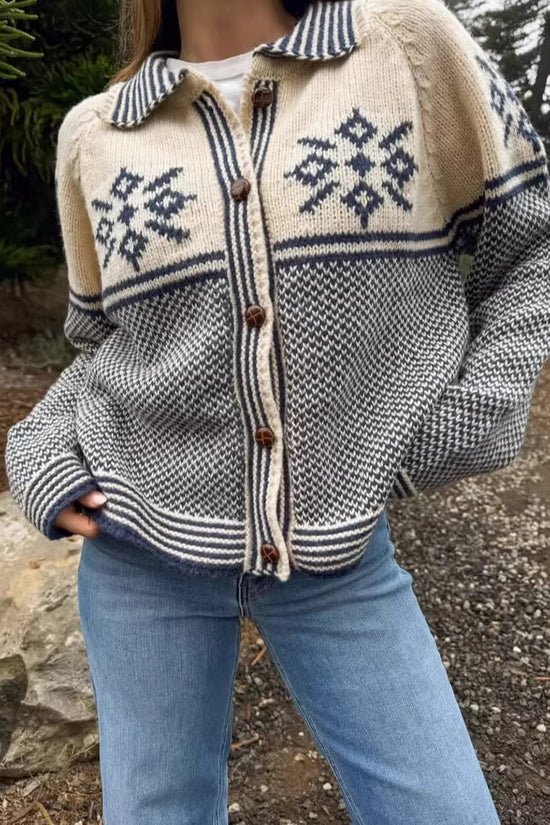 Patterned Knit Cardigan with Collared Design