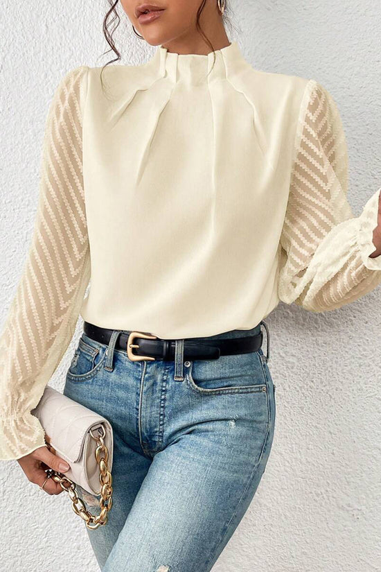 Elegant Pleated High Neck Sheer Sleeve Top