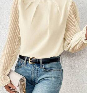 Elegant Pleated High Neck Sheer Sleeve Top