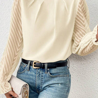 Elegant Pleated High Neck Sheer Sleeve Top