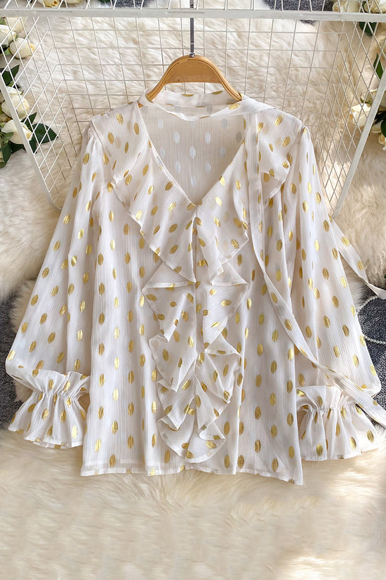 Ruffled Polka Dot V-Neck Blouse
