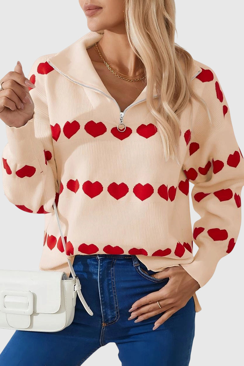 Heart Pattern Zip-Up Sweater