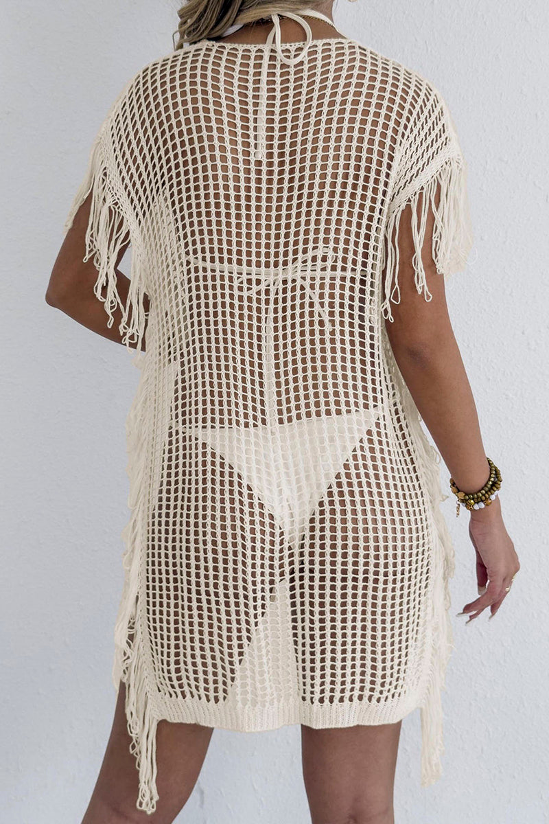 Fringe Trim Open-Knit Beach Cover-Up