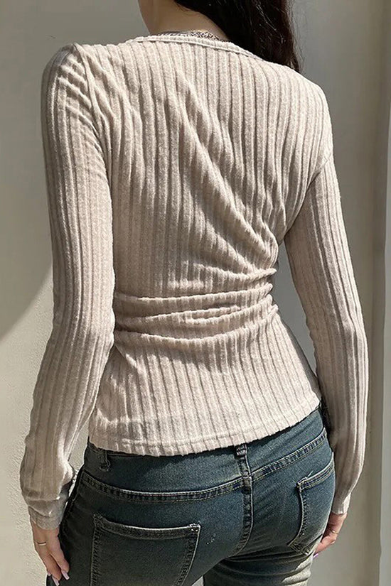 Ribbed V-Neck Long Sleeve Top