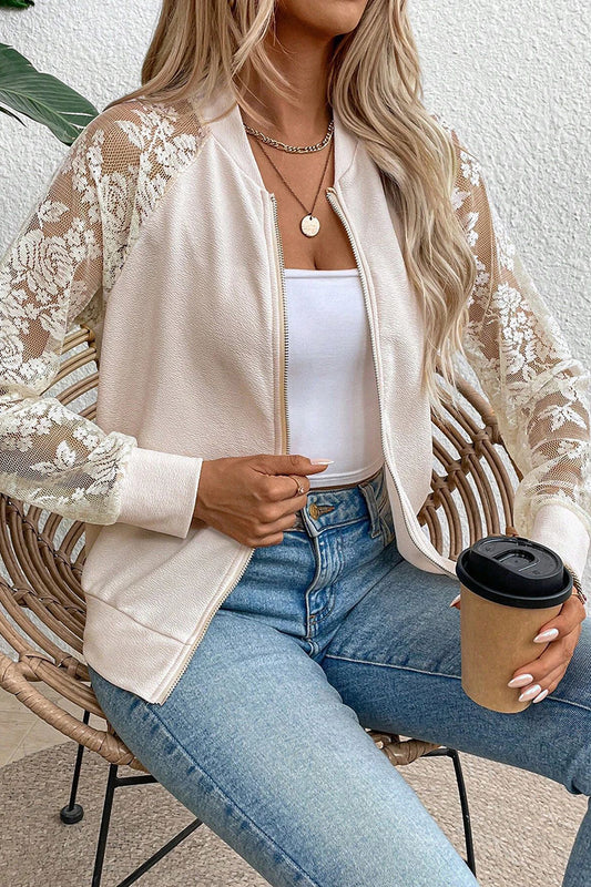 Lace Sleeve Zipper Jacket