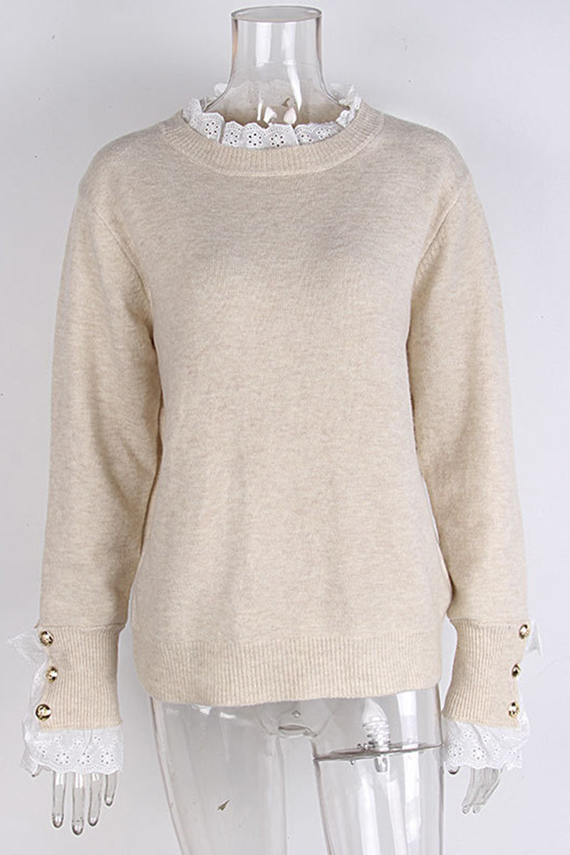 Elegant Lace Trim Sweater with Button Cuffs