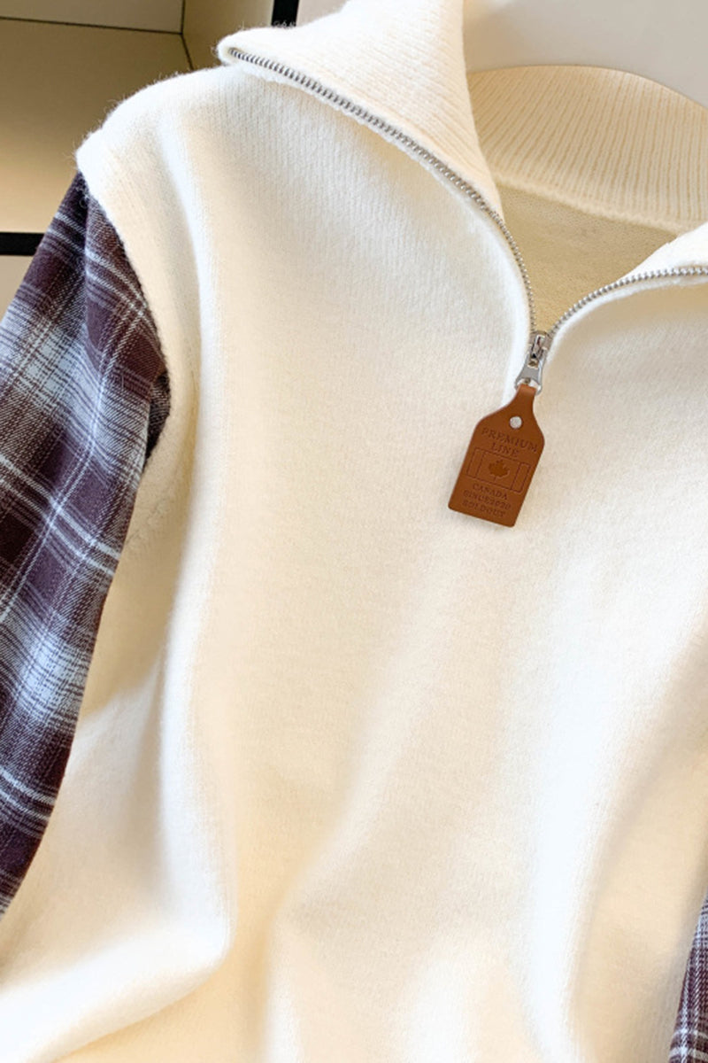 Zip-Up Plaid Patchwork Sweatshirt