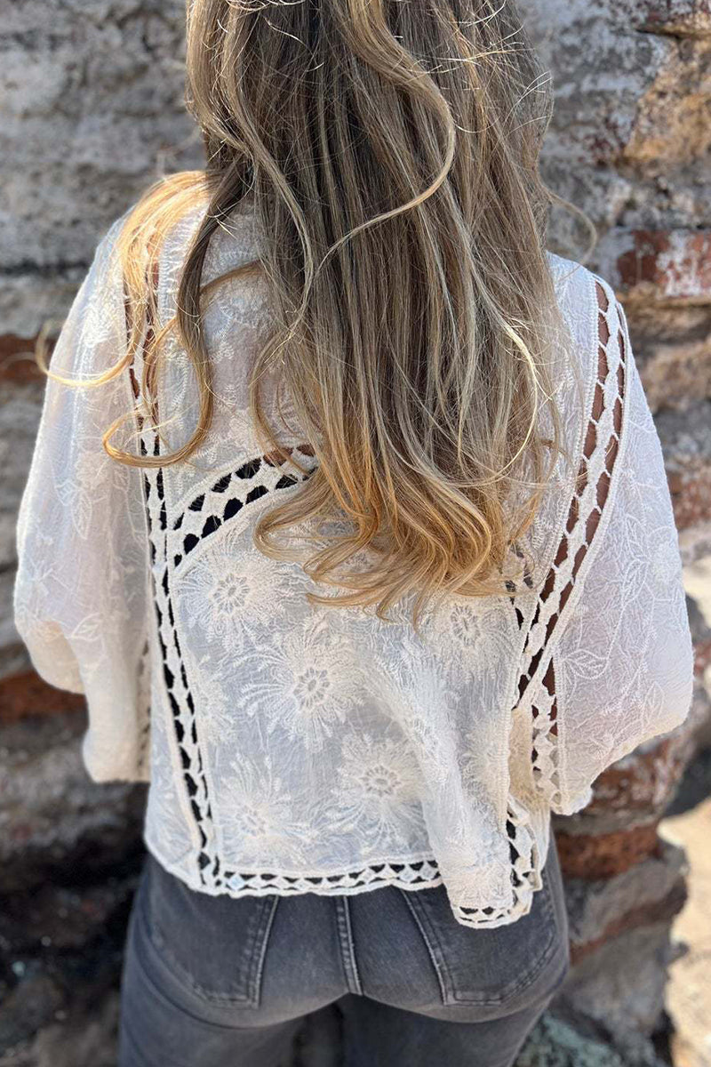 Elegant Openwork Lace Kimono Blouse