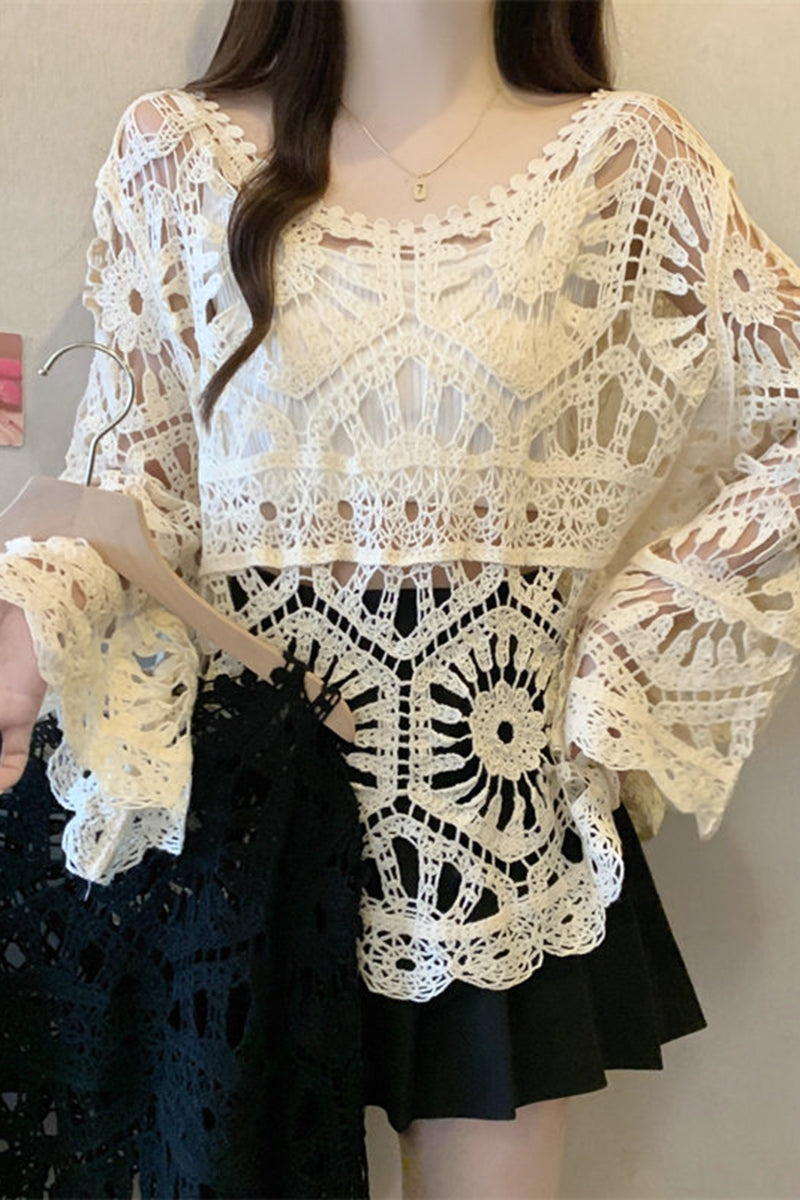 Crochet Hollow Bell Sleeve Knit Cover Up