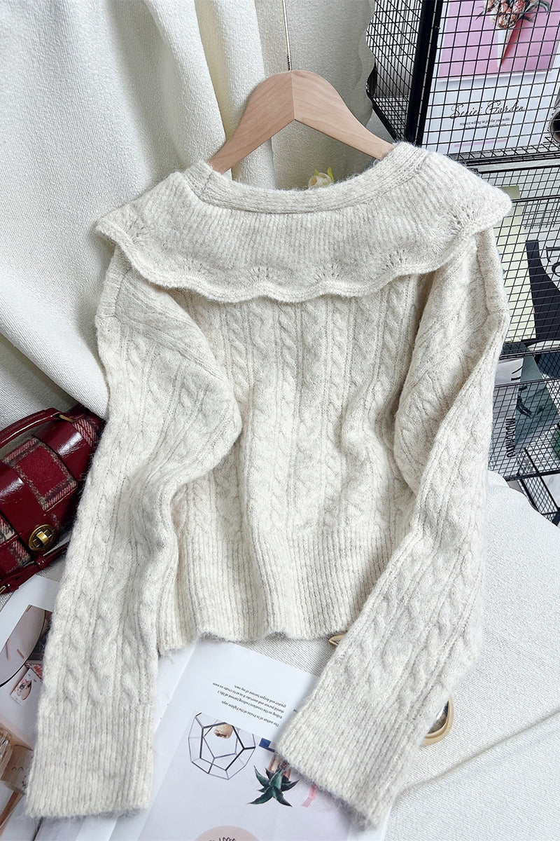 Cable Knit Sweater with Scalloped Collar