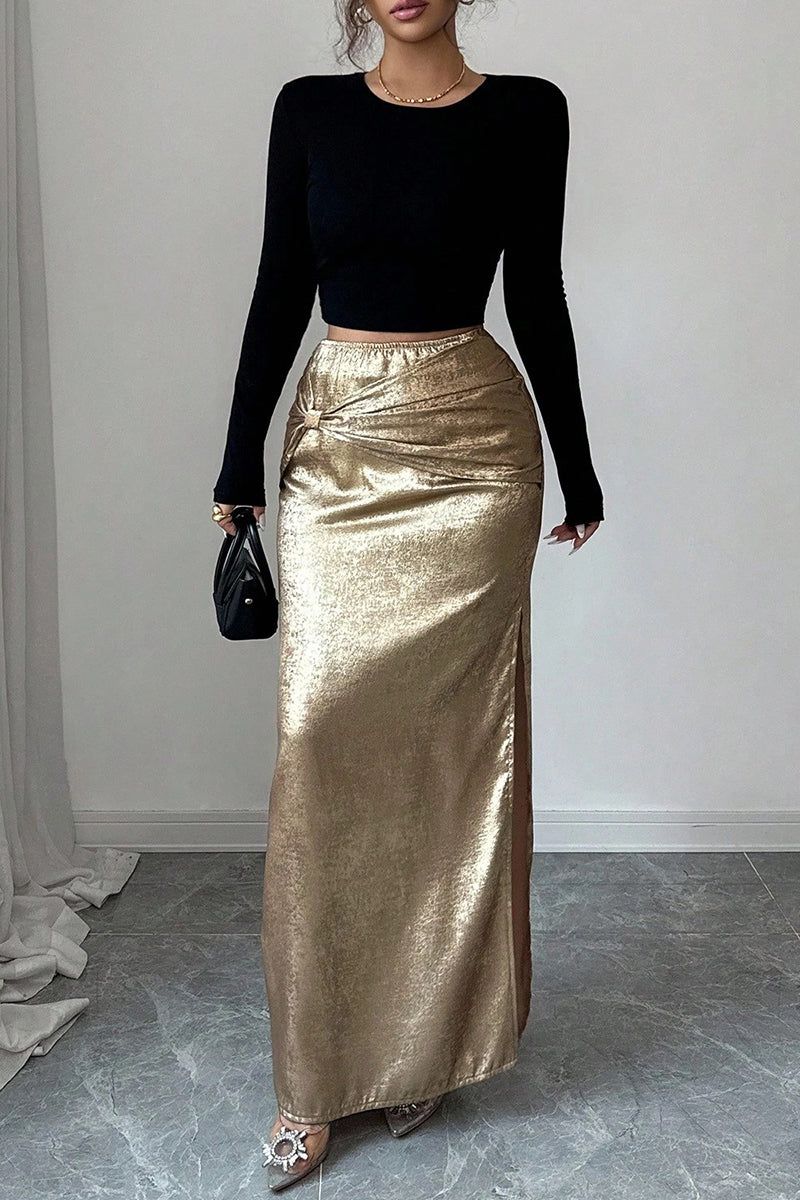 Knot Detail Shimmer Midi Skirt