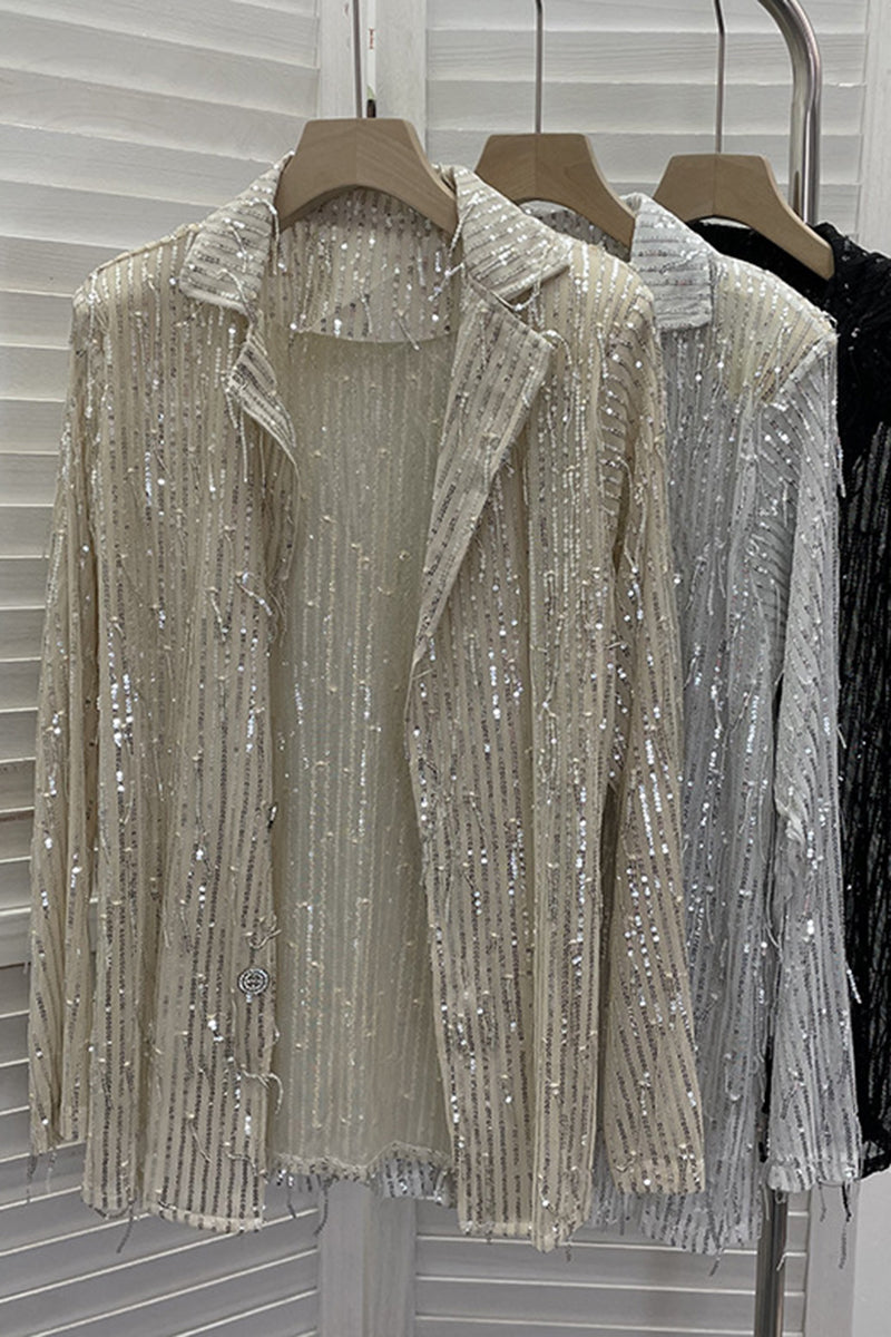 Sequin Fringe Open Front Blouse