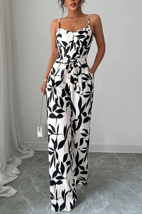 Leaf Print Spaghetti Strap Jumpsuit