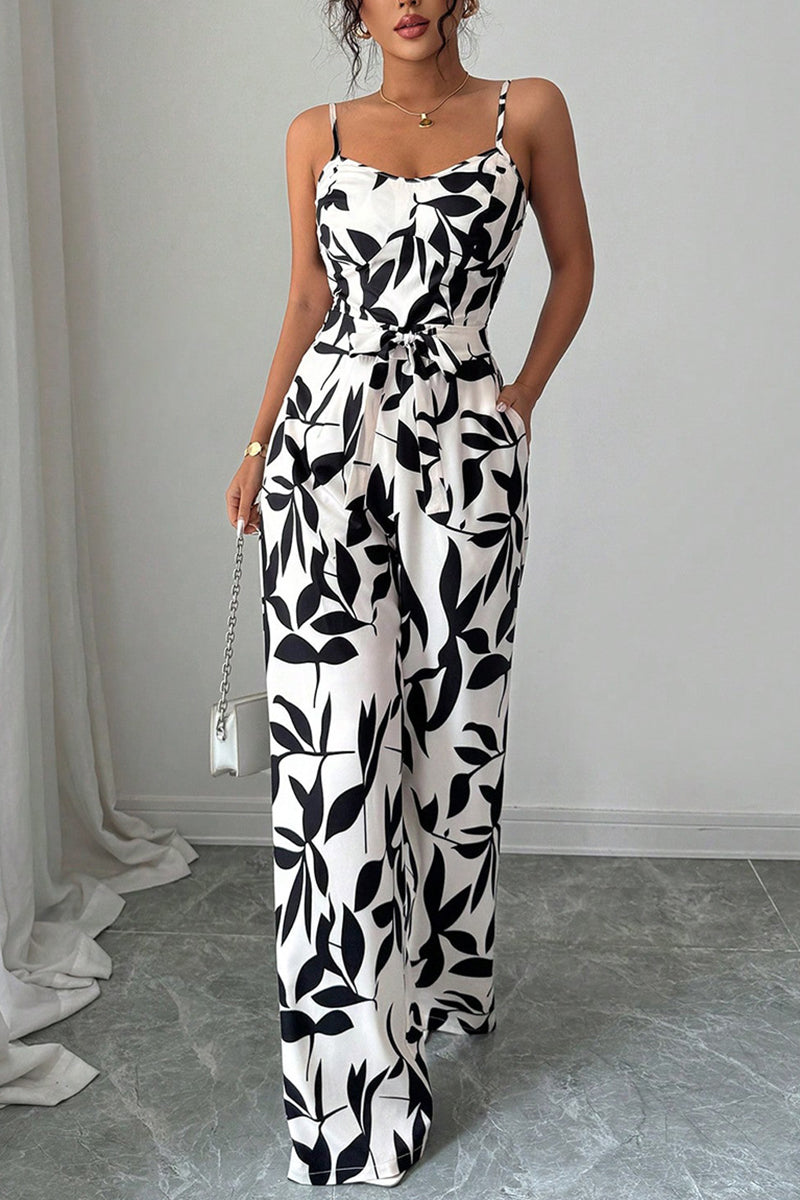 Leaf Print Spaghetti Strap Jumpsuit