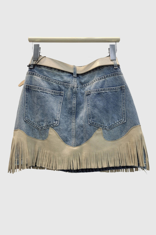 Fringe Hem Denim Skirt with Heart Charm