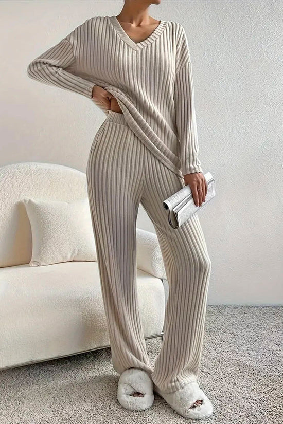 Ribbed V-Neck Pants Set