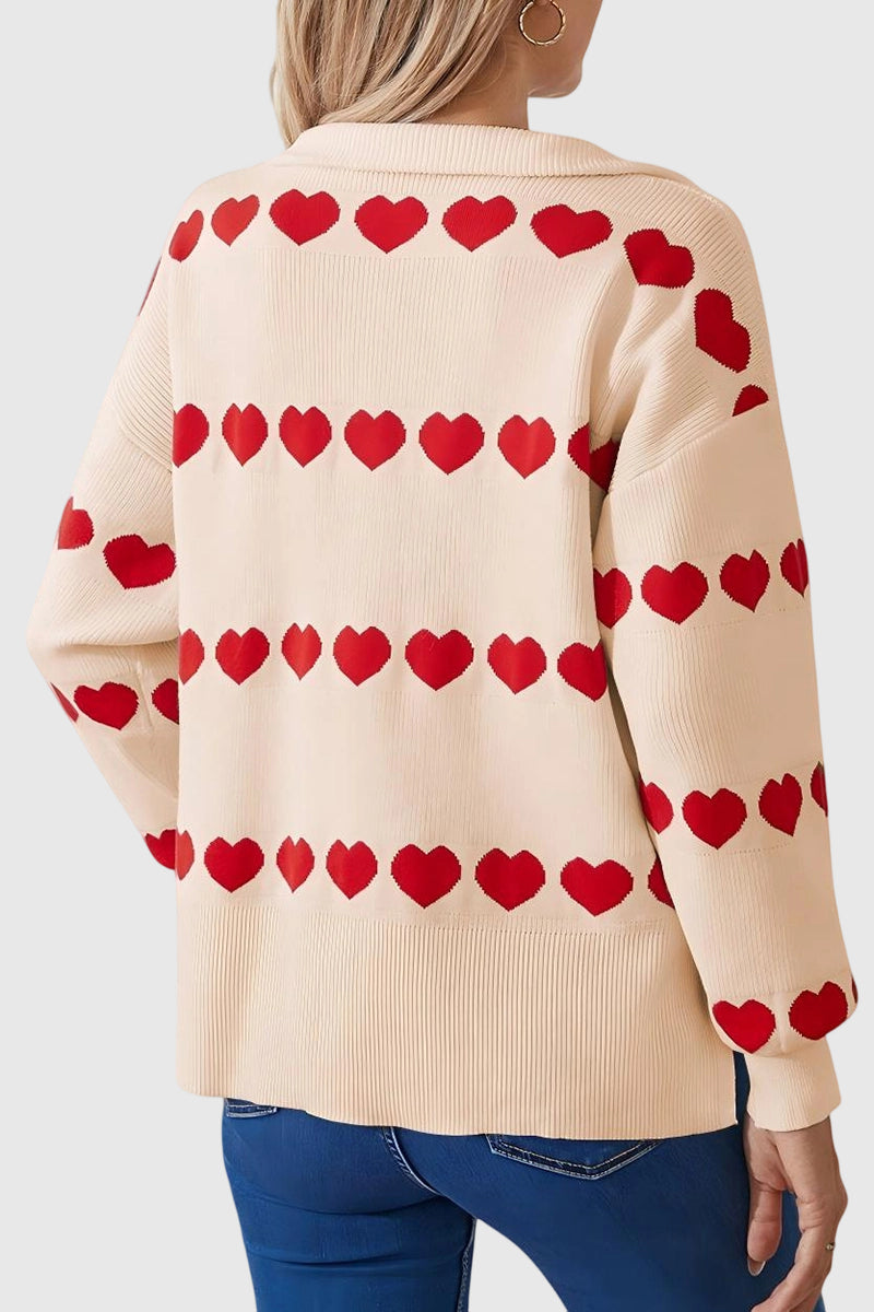 Heart Pattern Zip-Up Sweater