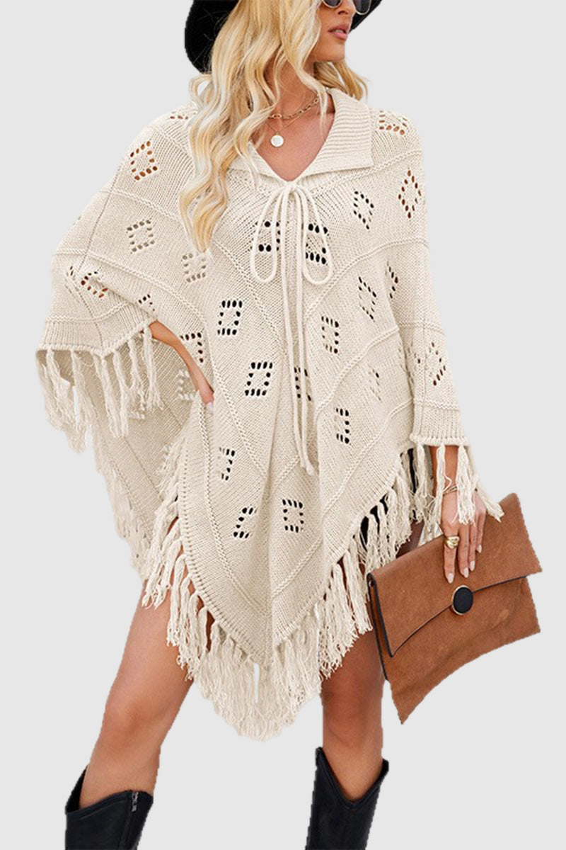 Fringe Knit Cardigan Poncho with Tie Neck