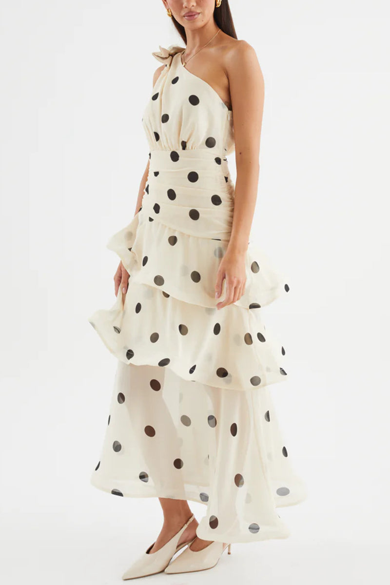 Polka Dot One-Shoulder Maxi Dress