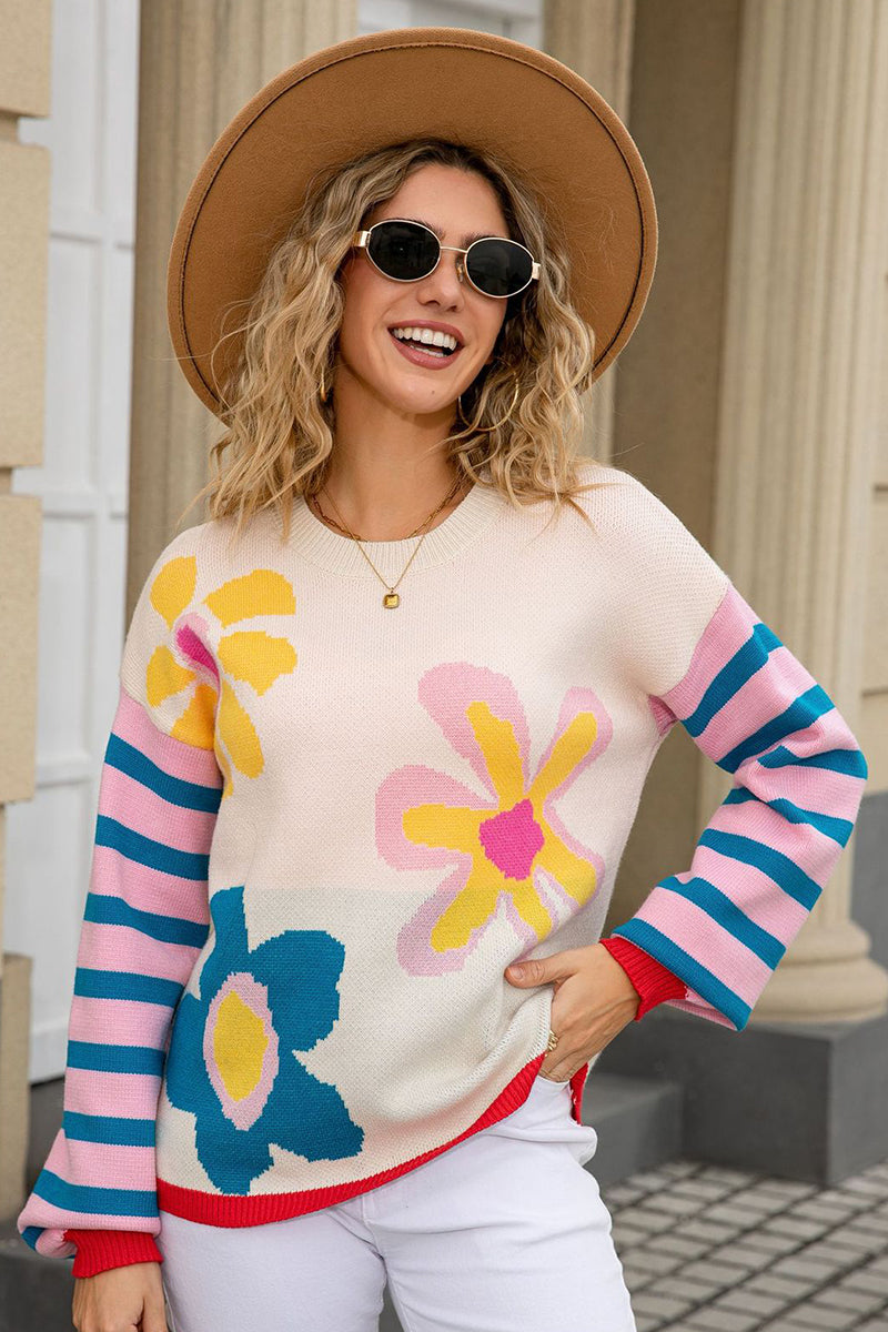 Floral Patterned Crew Neck Sweater
