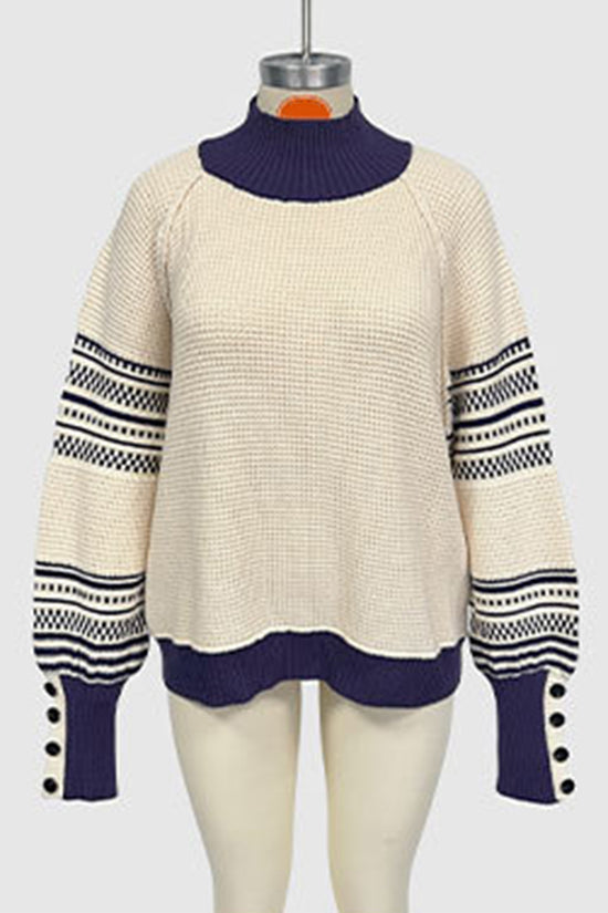 Button Sleeve Patterned Knit Sweater
