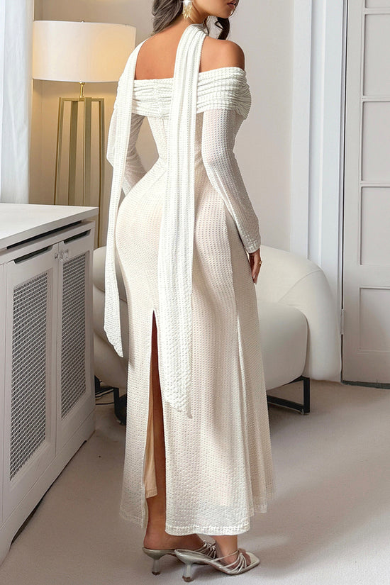 Off-Shoulder Rhinestone Drape Dress