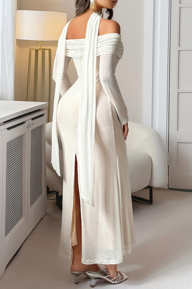 Off-Shoulder Rhinestone Drape Dress