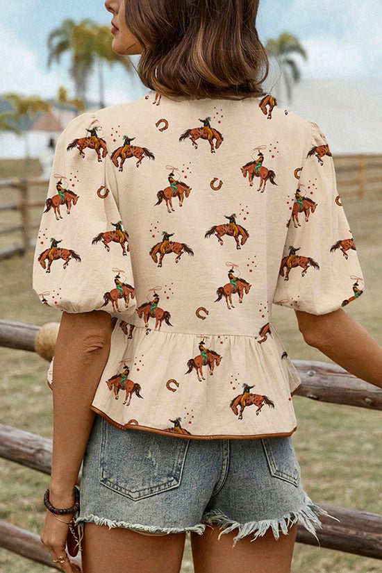 Cowboy Print Puff Sleeve Bowknot Blouse