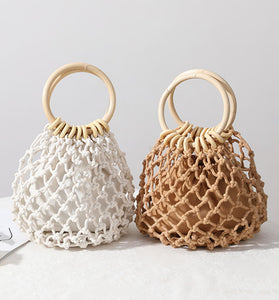 Chic Mesh Handbag with Wooden Handles