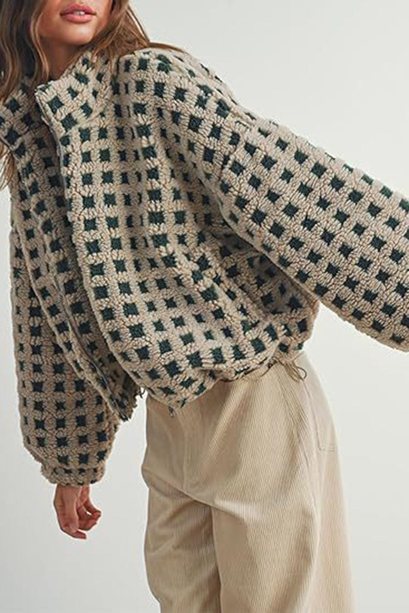 Checkered Zip-Up Casual Coat