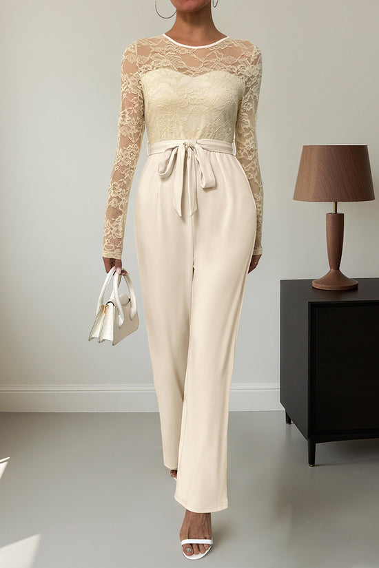 Lace Long Sleeve Tie Waist Jumpsuit