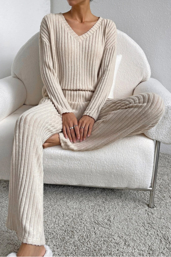Ribbed V-Neck Pants Set