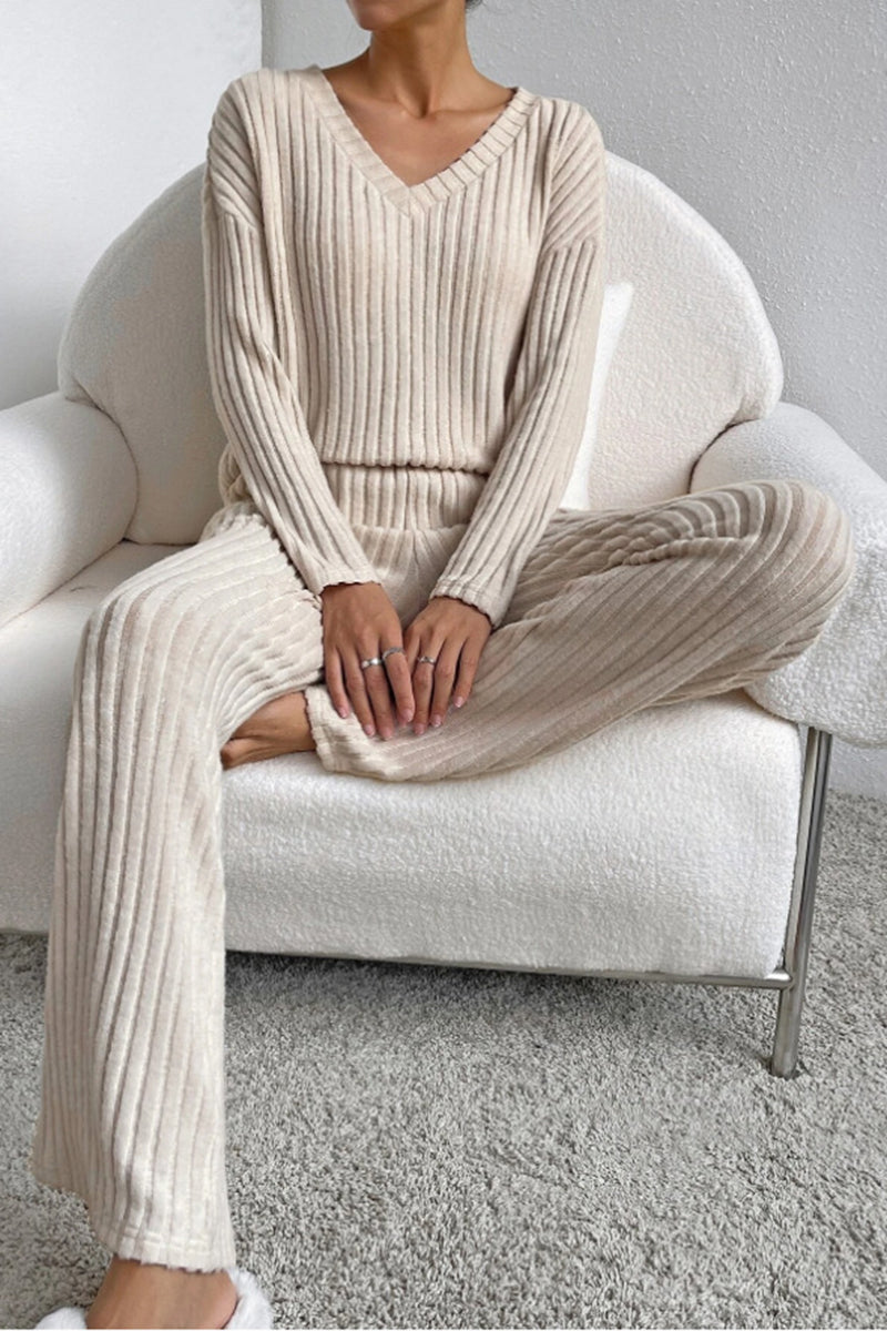 Ribbed V-Neck Pants Set