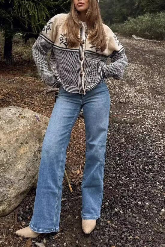 Patterned Knit Cardigan with Collared Design
