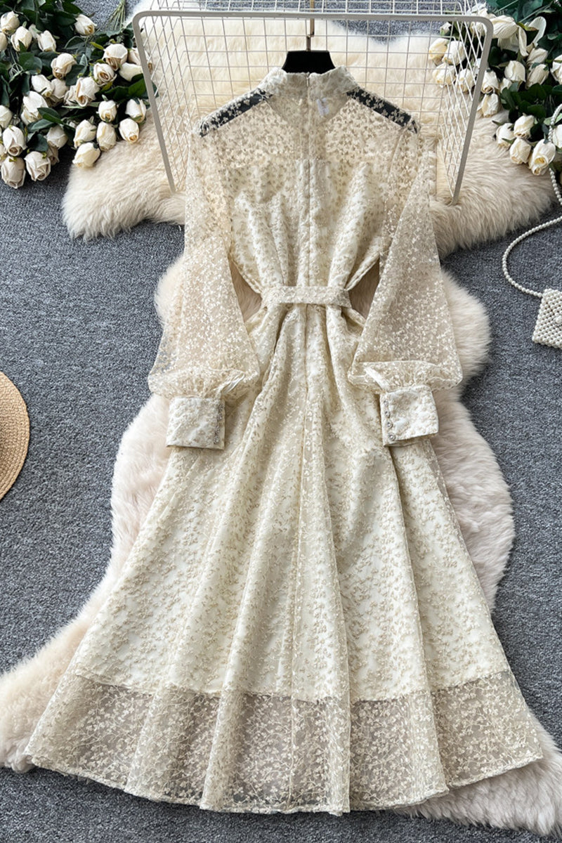 Elegant Long Sleeve Tie Waist Dress