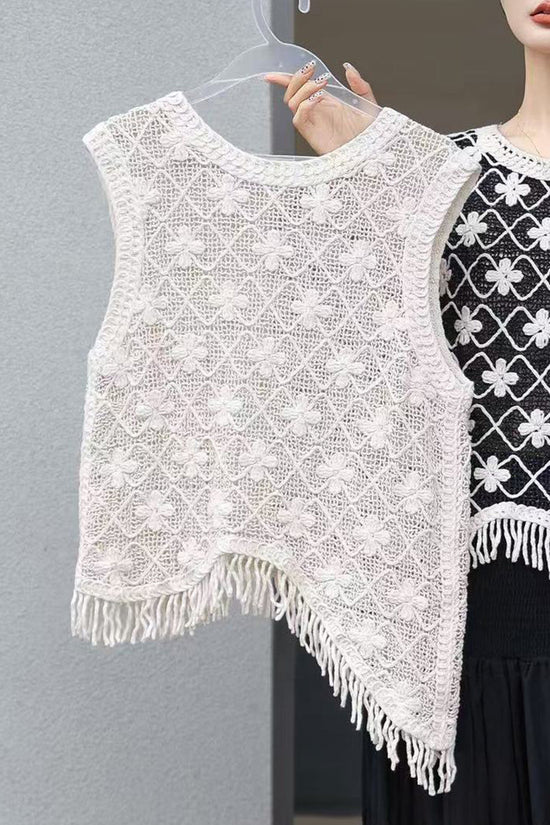 Floral Pattern Asymmetric Fringe Vest