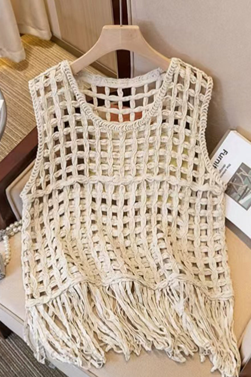 Fringe Open Weave Sleeveless Vest