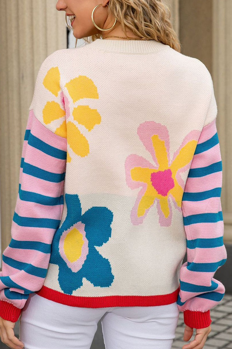 Floral Patterned Crew Neck Sweater