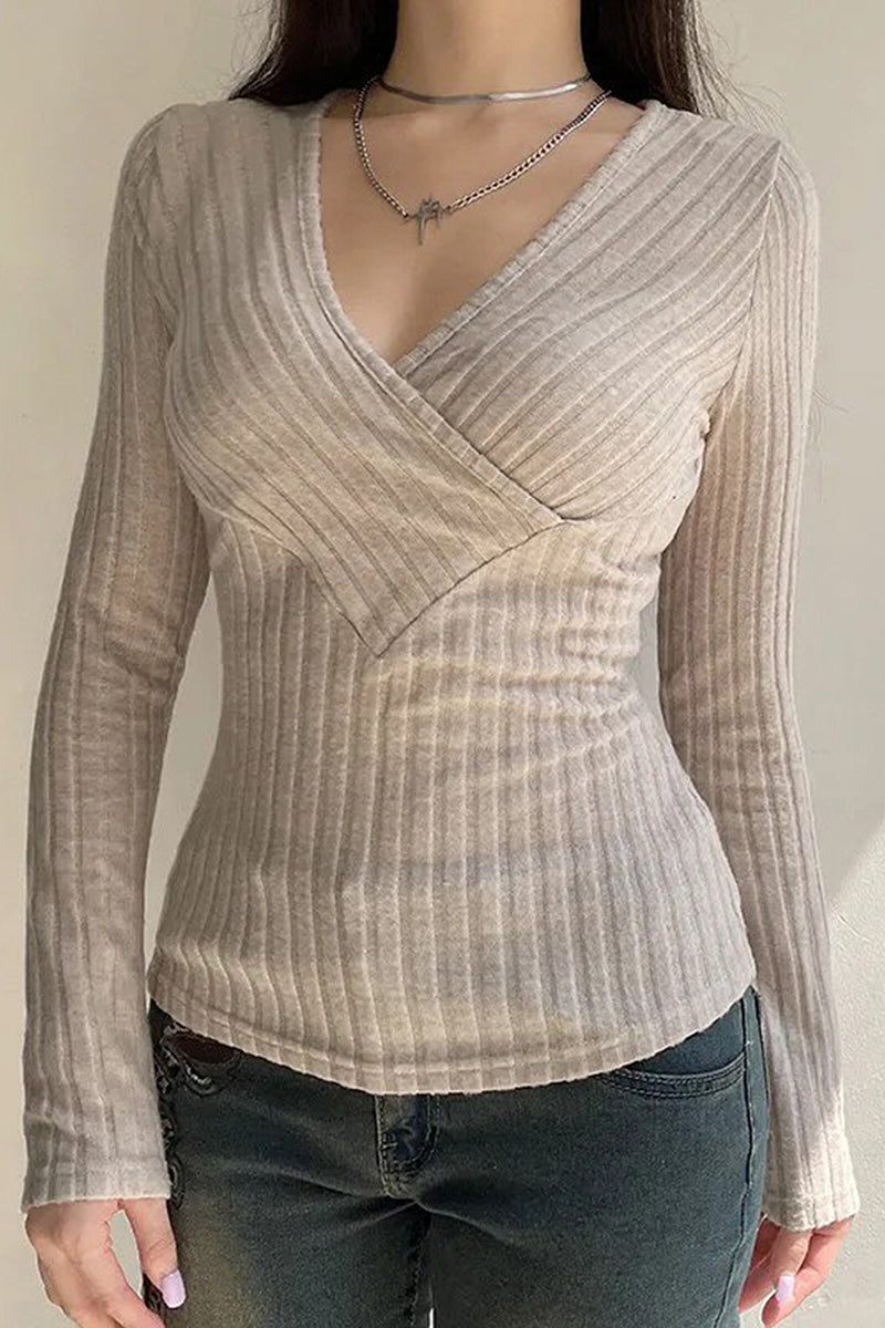 Ribbed V-Neck Long Sleeve Top