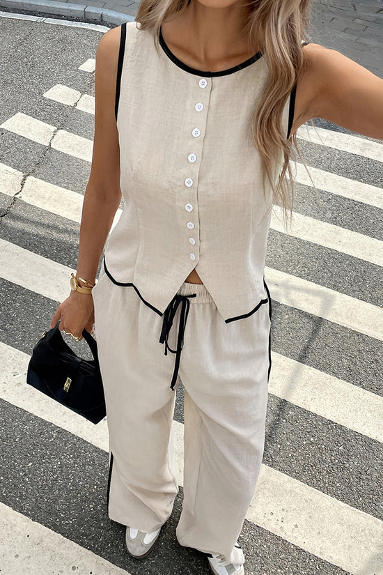 Stylish Sleeveless Button-Up Pants Set