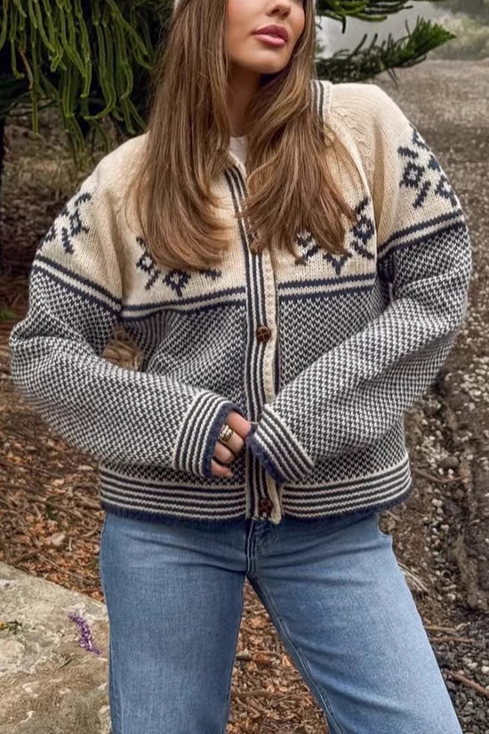 Patterned Knit Cardigan with Collared Design
