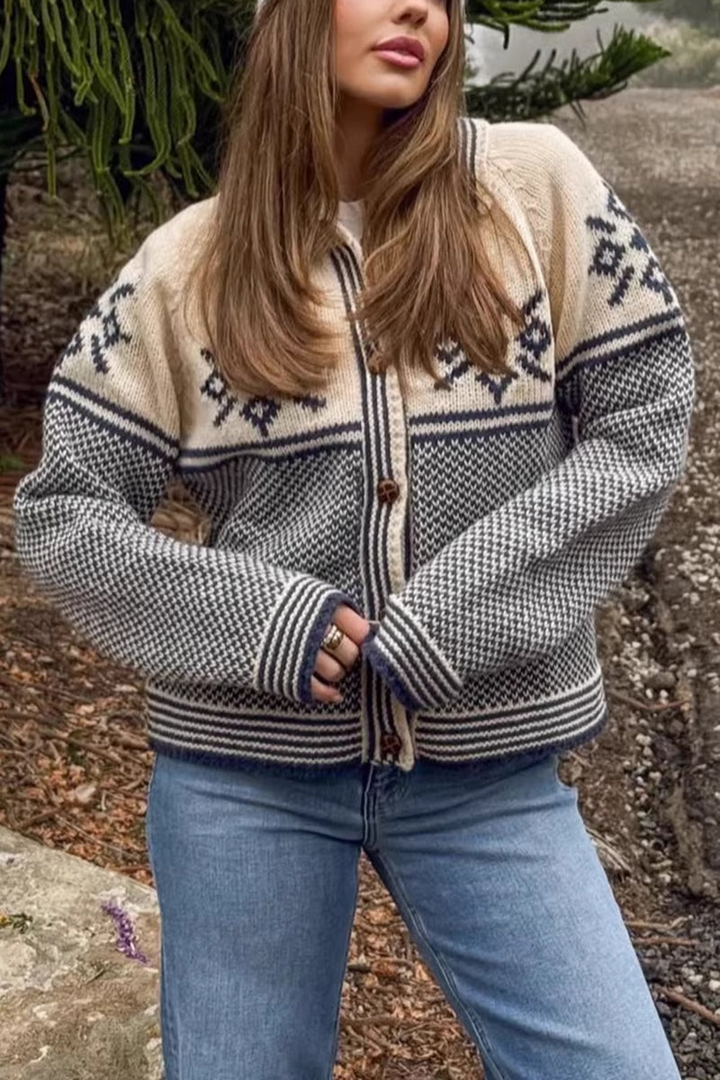 Patterned Knit Cardigan with Collared Design