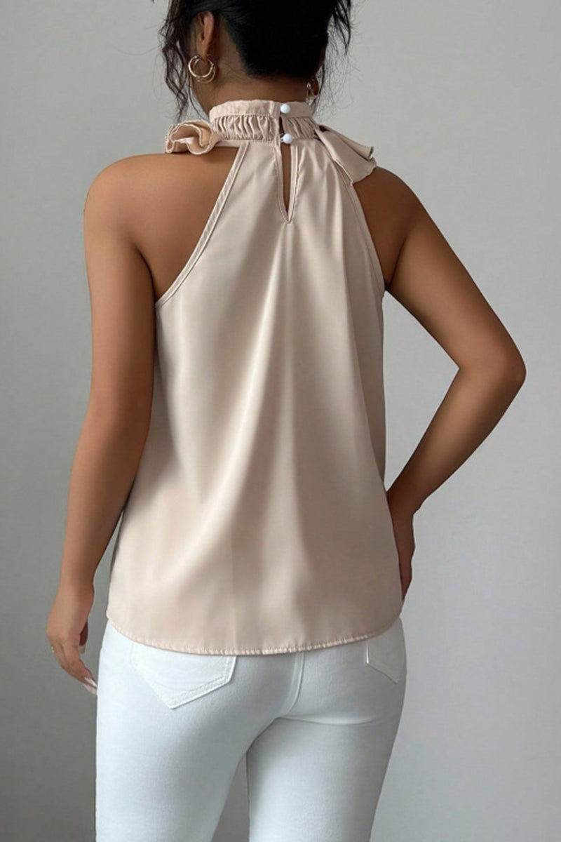 Ruffled High Neck Sleeveless Blouse