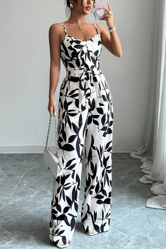 Leaf Print Spaghetti Strap Jumpsuit
