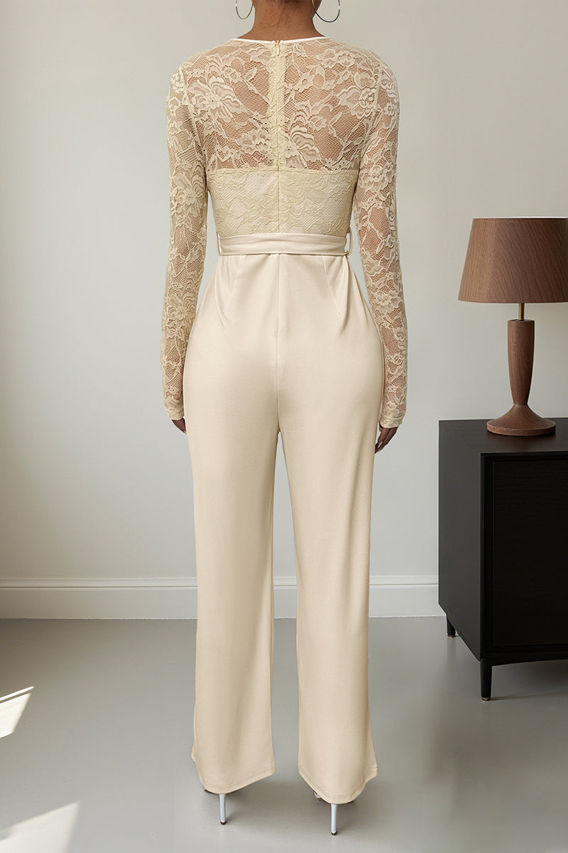Lace Long Sleeve Tie Waist Jumpsuit